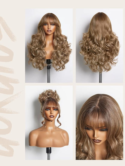 GORGIUS Glueless Wavy Wig with Bangs Balayage Blonde Synthetic Curtain Bang Wig with Realistic Scalp 22 Inch