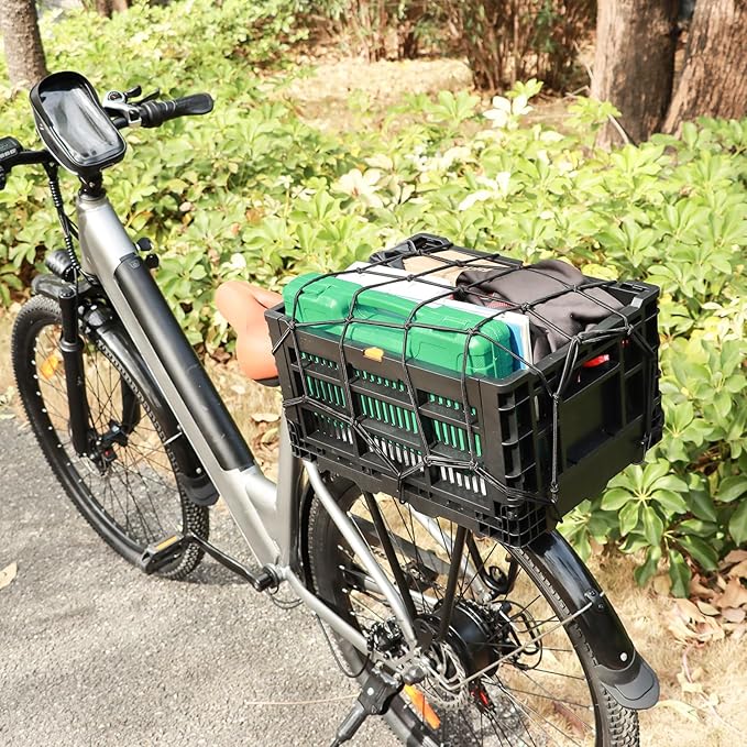 Bike Foldable Rear Basket, Rear Bicycle Cargo Rack, Ebike Storage Rear Basket with Large Capacity, Cargo Net and Rainproof Cover, Easy to Install. Resistant to Heat & Corrosion