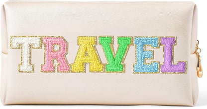 CY2SIDE TRAVEL Letter Makeup Bag - Colorful Chenille Letter Patch Cosmetic Bag Shell Gold PU Leather Patch Pouch Waterproof Portable Zipper Travel Organizer Christmas Idea Gifts for Women Girls