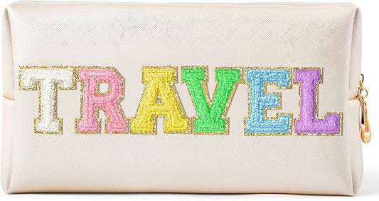 CY2SIDE TRAVEL Letter Makeup Bag - Colorful Chenille Letter Patch Cosmetic Bag Shell Gold PU Leather Patch Pouch Waterproof Portable Zipper Travel Organizer Christmas Idea Gifts for Women Girls