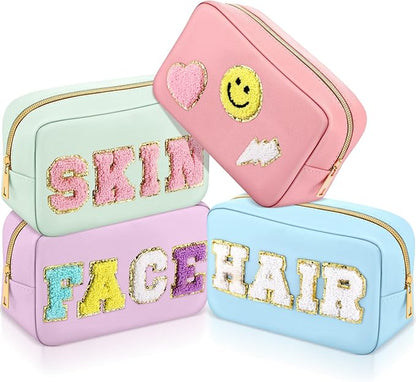 Sanwuta 4 Pcs Hair Face Skin Travel Bag Set Preppy Makeup Pouch PU Leather Skincare Bag Waterproof Cosmetic Organizer Birthday Christmas Gifts(Blue, Pink, Green, Purple,Fresh Style)