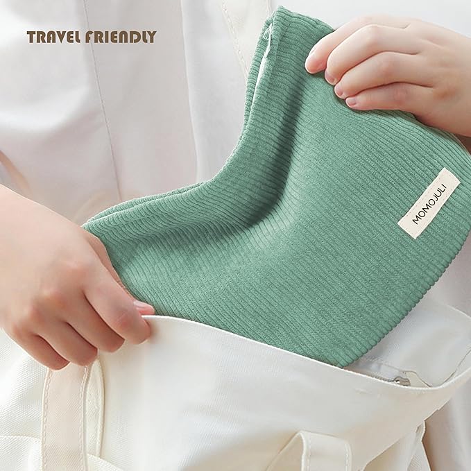 Corduroy Makeup Bag Cosmestic Bag Large Capacity Ladies Women Aesthetic Make Up Organizer Accessories Zipper Pouch Purse （Beige+Light Green）