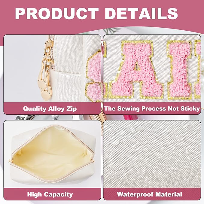 Preppy Patch Hair Portable Makeup Bag Bulk Pu Leather Cosmetic Bag Waterproof Travel Organizer Zipper Pouch Storage Purse for Women Girls Gift (Shell Gold)