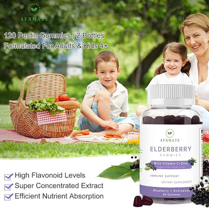 AFXMATE Sambucus Elderberry Gummies, Black Elderberry Gummy with Zinc and Vitamin C for Adults, Sugar Free Kids Multivitamin Gummies, Immune Support* Supplement, 120 Gummies (2 Pack)