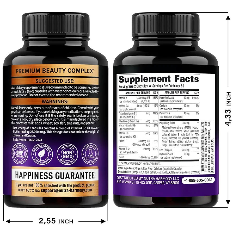 NUTRAHARMONY Biotin | Collagen | Keratin - Clinically Tested Supplement - Hair Growth Support, Skin & Nails - 25000 mcg Vitamins B2, B3, B6 & B7 + B1 & Hyaluronic Acid - Made in USA - Women & Men | 120 Capsules
