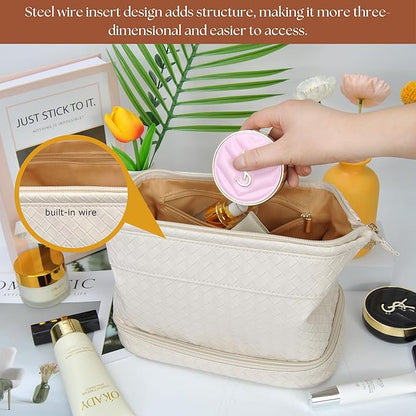 NGIL Faux Leather Cosmetic Bag for Women, Makeup Bag Organizer, Makeup Brush Storage, Portable Travel Bag for Toiletries (Woven, Cream, Medium)