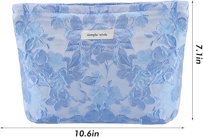 Flower Makeup Bag Travel Large Floral Cosmetic Bags Cute Makeup Pouch for Purse Zipper Embossed Blue Make up Organizer Bag Portable Toiletry Bags for Women Girls Birthday Christmas Gift