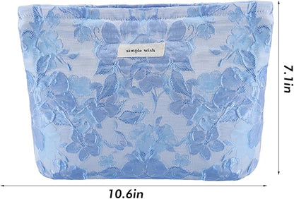 Flower Makeup Bag Travel Large Floral Cosmetic Bags Cute Makeup Pouch for Purse Zipper Embossed Blue Make up Organizer Bag Portable Toiletry Bags for Women Girls Birthday Christmas Gift