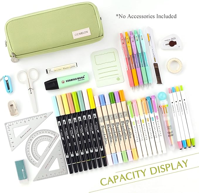 CICIMELON Large Capacity Pencil Case 3 Compartment Pouch Pen Bag for School Teen Girl Boy Men Women (Green)