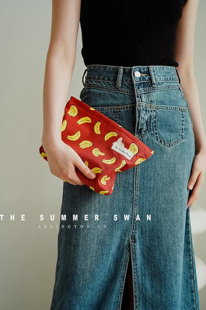 The Summer Swan Large Floral Mid-day Clutch Period Kit Hygiene Skincare Cute Makeup Bag (Banana Red)