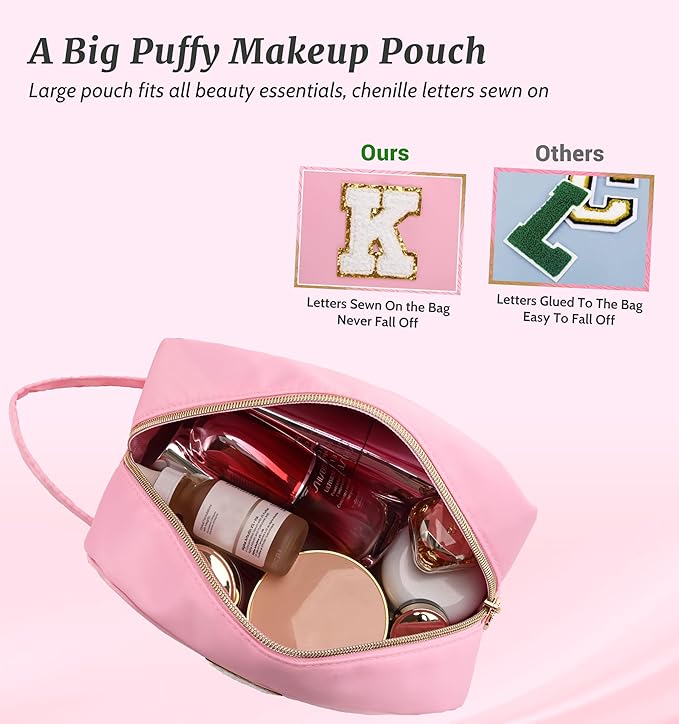 Aveniee Monogram Makeup Bag for Women,Personalized Organizer Bag With Handle,Cute Cosmetic Travel Toiletry Bag,Halloween Christmas Birthday Gifts for Daughter or Best Friend-Pink C