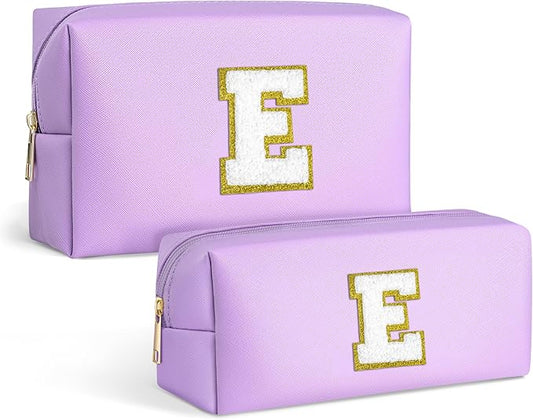 TOPEAST Preppy Stuff Birthday Gifts for Women, Initial Cosmetic Bag Small Makeup Bag with Zipper Chenille Letters Makeup Bag Organizer Personalized Birthday Gifts For Women, Purple E