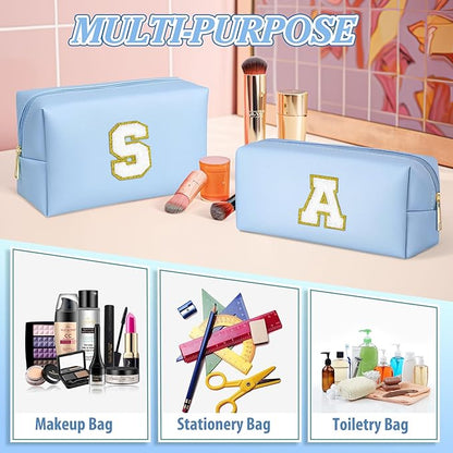 TOPEAST Preppy Stuff Tween Girls Gifts, 2 PCS Monogram Cute Cosmetic Makeup Bag Pouch Case Travel Toiletry Make Up Bag For Women Her Mom Best Friend Sister Teacher Bridesmaid, Blue J