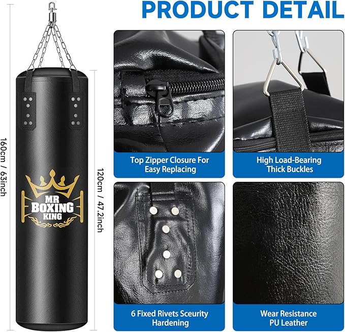 Mr Boxing King Punching Bag Set for Adults 4ft Heavy Boxing Bag Set 80 Lb Capacity, Unfilled Training Bag for Home Gym Set Kickboxing MMA Karate Martial Arts