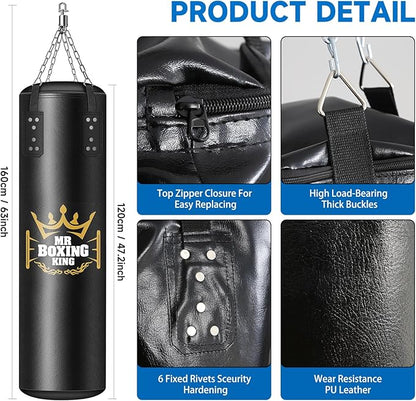 Mr Boxing King Punching Bag Set for Adults 4ft Heavy Boxing Bag Set 80 Lb Capacity, Unfilled Training Bag for Home Gym Set Kickboxing MMA Karate Martial Arts