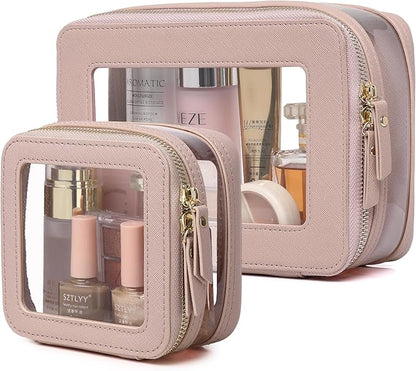 Clear Makeup Bag with Zipper Waterproof Travel Makeup Set for Cosmetics and Toiletries Women's Purse Organizer and Car Essentials (Pink, M+MINI)