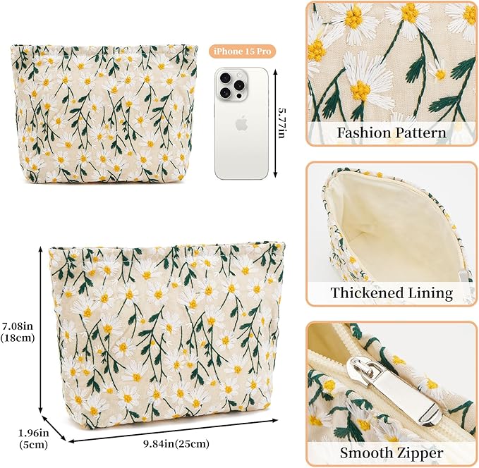 WOZEAH Floral Makeup Bag for Purse Small Cosmetic Pouch,Stylish Zipper Make up Pouch Travel Canvas Toiletry Bags(Beige Daisy)