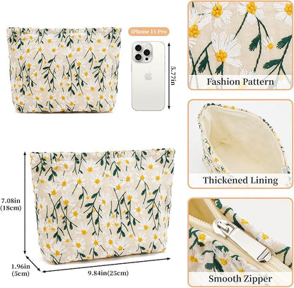 WOZEAH Floral Makeup Bag for Purse Small Cosmetic Pouch,Stylish Zipper Make up Pouch Travel Canvas Toiletry Bags(Beige Daisy)