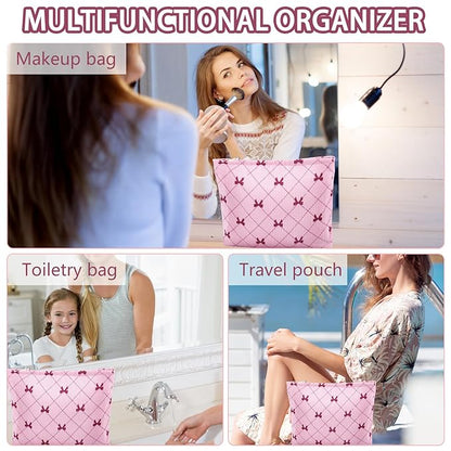 ZLFSRQ Corduroy Makeup Bag for Women Preppy Large Capacity Cosmetic Bags Travel Toiletry Organizer Pouch for Purse Zipper Makeup Brushes Storage Tote Bag Cute Y2K Aesthetic Essential Bags（Pink Bow）