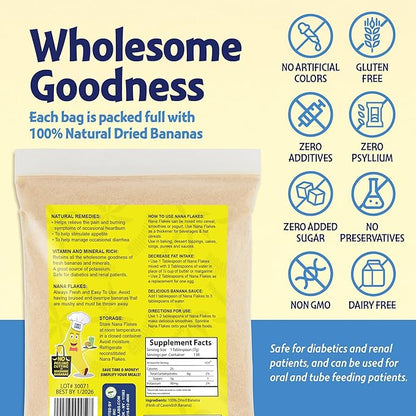 Nana Flakes 100% Pure Banana Flakes Medical Food Powder - Decrease Fat Intake & Natural Remedy for Diarrhea & Heart Burn - Great Source of Protein & Fiber (Banana, Two Pound Bag)