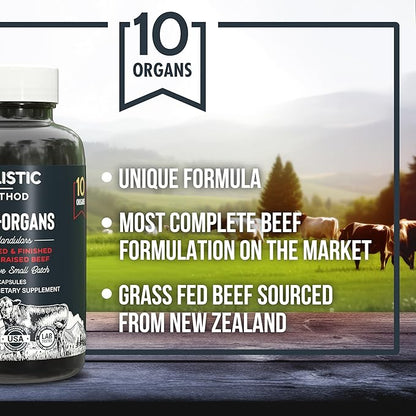 Beef Organ Supplement Grass Fed Complex for Men and Women - 10 Carnivore Meat Proprietary Blend of Beef Liver, Marrow, Brain, Thymus, Spleen, Kidney, Lung, Heart, Pancreas, Gallbladder -180 Caps