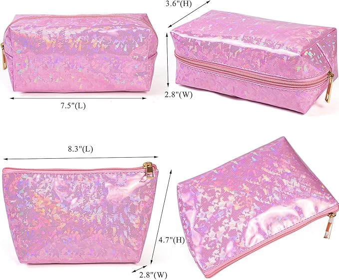 FITINI 3 Pieces Makeup Bags Double Layer Travel Large Holographic Cosmetic Cases Organizer Toiletry Bags Waterproof Small Zipper Pouch for Women Makeup Brush Storage Bag,Light Pink