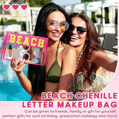 Hillban 2 Pcs Beach Makeup Bag Clear Cosmetic Toiletry Pouch Chenille Letter Patch Bags Preppy Summer Waterproof PVC Travel Purse Snack Portable Storage for Women