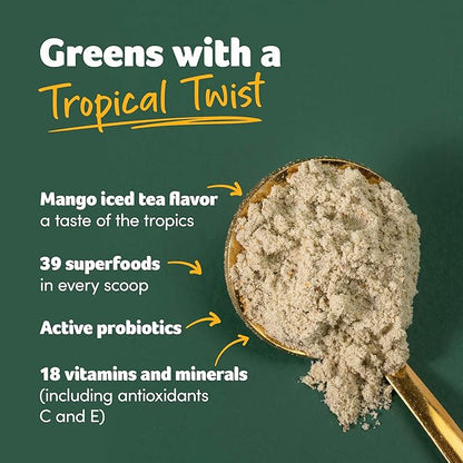 Purely Inspired Organic Green Powder Smoothie Mix, Tropical Mango Iced Tea Flavor (30 Servings) - Probiotics for Digestive Health with Spirulina & Chlorella for Gut Health - Vegan & Gluten-Free