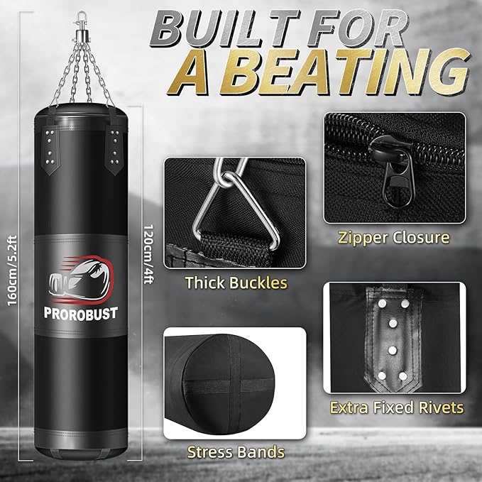 Prorobust Punching Bag for Adults, 4ft Oxford Heavy Boxing Bag Set, 12 oz Boxing Gloves, Hand Wraps, Jump Rope & Strength Trainer. Versatile Boxing Training Equipment for Kick Boxing Karate - Unfilled