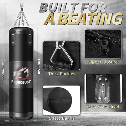 Prorobust Punching Bag for Adults, 4ft Oxford Heavy Boxing Bag Set, 12 oz Boxing Gloves, Hand Wraps, Jump Rope & Strength Trainer. Versatile Boxing Training Equipment for Kick Boxing Karate - Unfilled