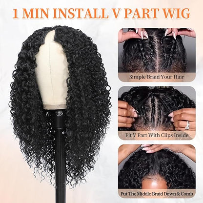 HUA V Part Wig Human Hair Kinky Curly Upgrade UPart Wigs for Black Women Human Hair Mixed Synthetic 16 Inch Vpart Wigs Curly Glueless Half Wig 180% Density Natural Black Color Beginner Friendly