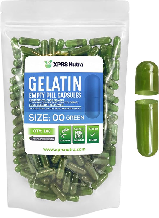 XPRS Nutra Size 00 Empty Capsules - 100 Count Empty Gelatin Capsules - Empty Pill Capsules - DIY Capsule Filling - Fillable Pill Capsules Empty Gel Caps (Green)