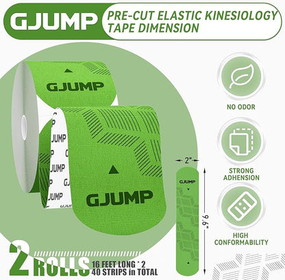 Kinesiology Tape, Original Cotton Elastic Athletic Tape for Muscle Strain Relief & Joint Support, 40 Count Precut Strips 2 Rolls, Waterproof & Breathable Sports Tape for Support and Recovery