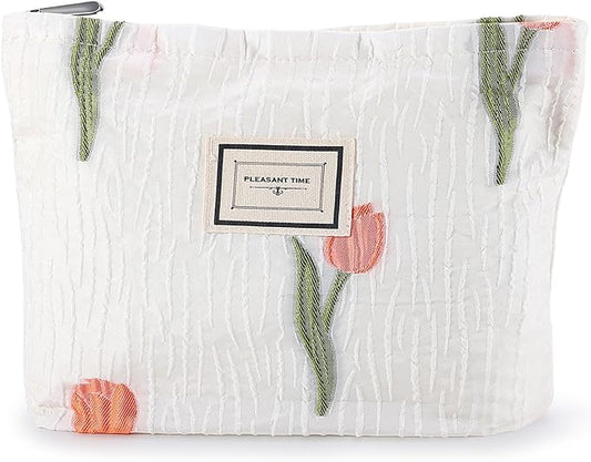 Tulip Makeup Bag Travel Cute Floral Cosmetic Bags for Women Large Embroidery Makeup Pouch Zipper Cosmetic Pouch for Purse Aesthetic Make up Organizer Bag Portable Toiletry Bag