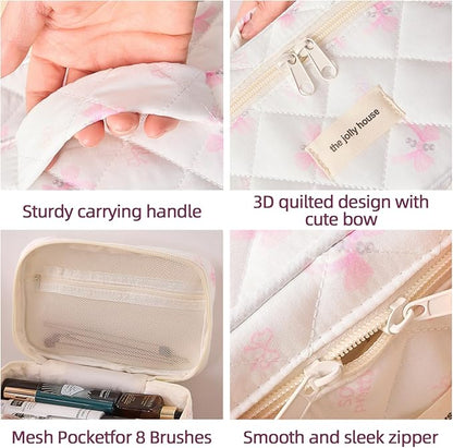 Cute Pink Bow Quilted Makeup Bag, Large Capacity Travel Cosmetic Bag for Women and Girls, Aesthetic Storage for Daily and Travel Use (Pink Bow)