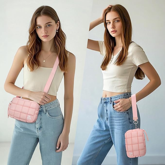 Quilted Cosmetic Bag, Puffer Makeup Bags, Crossbody Purses for women,Cute Travel Toiletry Bag for Women (Pink)