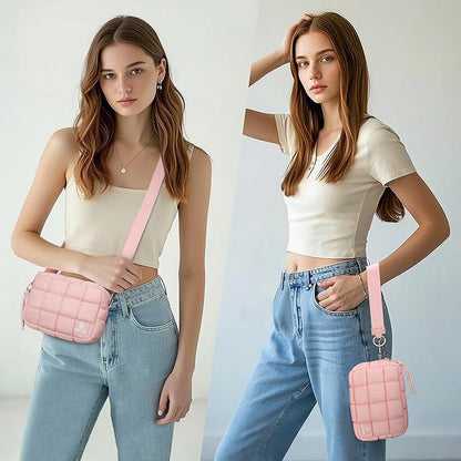 Quilted Cosmetic Bag, Puffer Makeup Bags, Crossbody Purses for women,Cute Travel Toiletry Bag for Women (Pink)