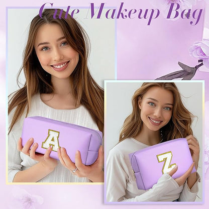 TOPEAST Preppy Stuff Birthday Gifts for Women, Initial Cosmetic Bag Small Makeup Bag with Zipper Chenille Letters Makeup Bag Organizer Personalized Birthday Gifts For Women, Purple E