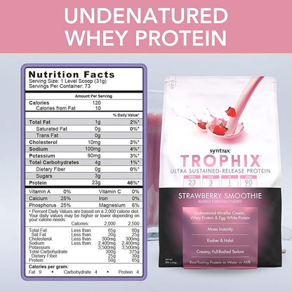 Syntrax Bundle: Trophix Undenatured Casein Protein Strawberry Smoothie - Instant Mix Whey Protein & Egg White Protein Powder - 5 Pounds High Protein Powder and Worldwide Nutrition Keychain