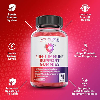 8-In-1 Immune Support Gummies w/ Elderberry - Immune Support Supplement Mix of Elderberry, Quercetin, Zinc & Vitamin C Gummies - Immune Boosters for Adults & Kids, Elderberry Gummies, Immunity Gummies