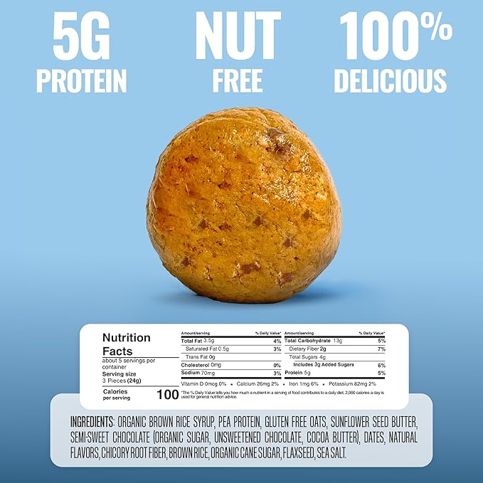 The Gluten Free Brothers Chocolate Chip Cookie Dough Nut Free Bites - Allergen Friendly, Gluten Free, Soy Free Protein Balls – Plant Based Vegan Non-GMO Snack Size Protein Energy Balls, 4 oz (6 Count)