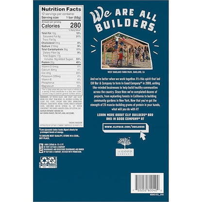 CLIF Builders - Cookies 'n Cream Flavor - Plant Based Protein Bars - Gluten Free - Non-GMO - Low Glycemic - 20g Protein - 2.4 oz. (12 Count)