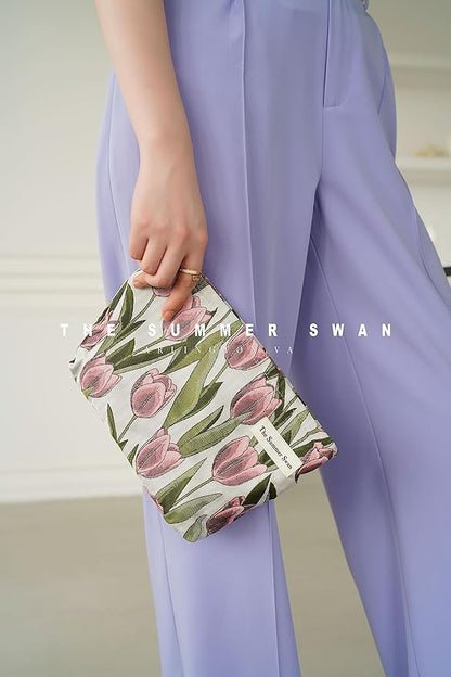 The Summer Swan | Large Aesthetic Makeup Bag Floral Mid-day Clutch Period Kit Hygiene Skincare Cute (Burgundy Tulip)