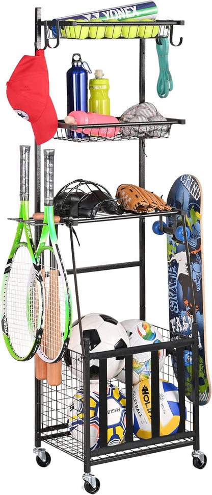 PLKOW Sports Equipment Storage for Garage, Indoor/Outdoor Sports Rack for Garage, Ball Storage Garage Organizer with Basket and Hooks,Toy/Sports Gear Storage