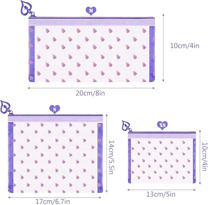 6 Pack Mini Zipper Mesh Makeup Bags, Heart Print Nylon Cosmetic Bags Toiletry Bags for Office Travel Organization (Purple, XS)