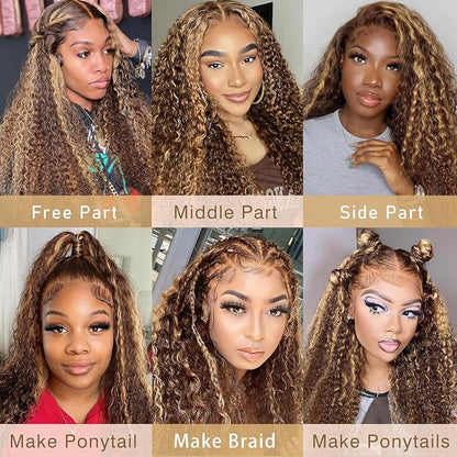FABA Honey Blonde Highlights Lace Front Wigs Human Hair 28 Inch #4/27 Ombre Curly Human Hair Wig 180% Density Brown and Blonde for Women Highlight Deep Wave Human Hair Wig with Baby Hair