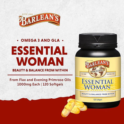 Barlean's Essential Woman Capsules, Hormonal Balance Supplement for Women, Flaxseed, Evening Primrose Oil & Soy Isoflavones, Omega 3 6 9 and GLA for Healthy Hair and Skin, 120 Count