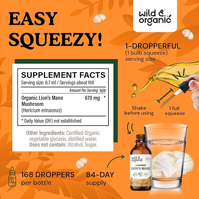 Wild & Organic Lion's Mane Tincture - Brain Supplements for Focus - Lions Mane Liquid for Brain - Lion's Mane Mushroom Supplement - Mushroom Drops for Brain Health Support - Lions Mane Supplement 4 oz