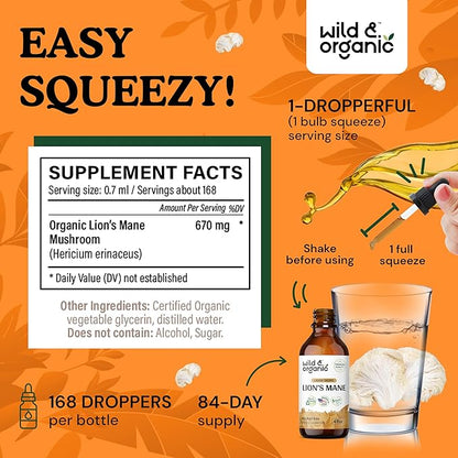 Wild & Organic Lion's Mane Tincture - Brain Supplements for Focus - Lions Mane Liquid for Brain - Lion's Mane Mushroom Supplement - Mushroom Drops for Brain Health Support - Lions Mane Supplement 4 oz