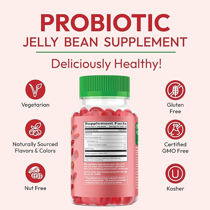 Probiotic Jelly Bean Gummies for Men and Women, Probiotic Supplements for Digestive Health, Nutritional Vegetarian Supplements, 120 Strawberry Blast Jelly Beans, Kosher